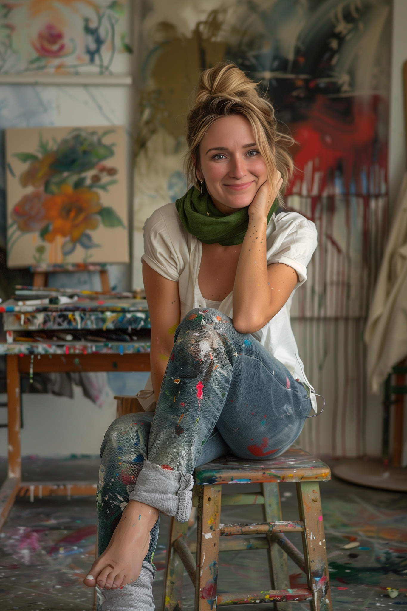 Jenny sitting on a stool in art studio